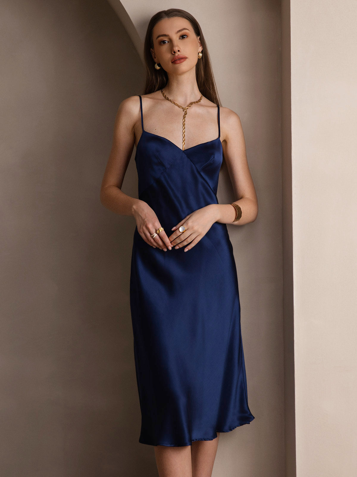 [Dark Blue] SilkSilky-AU 19Momme Pure Silk V Neck Dress 004