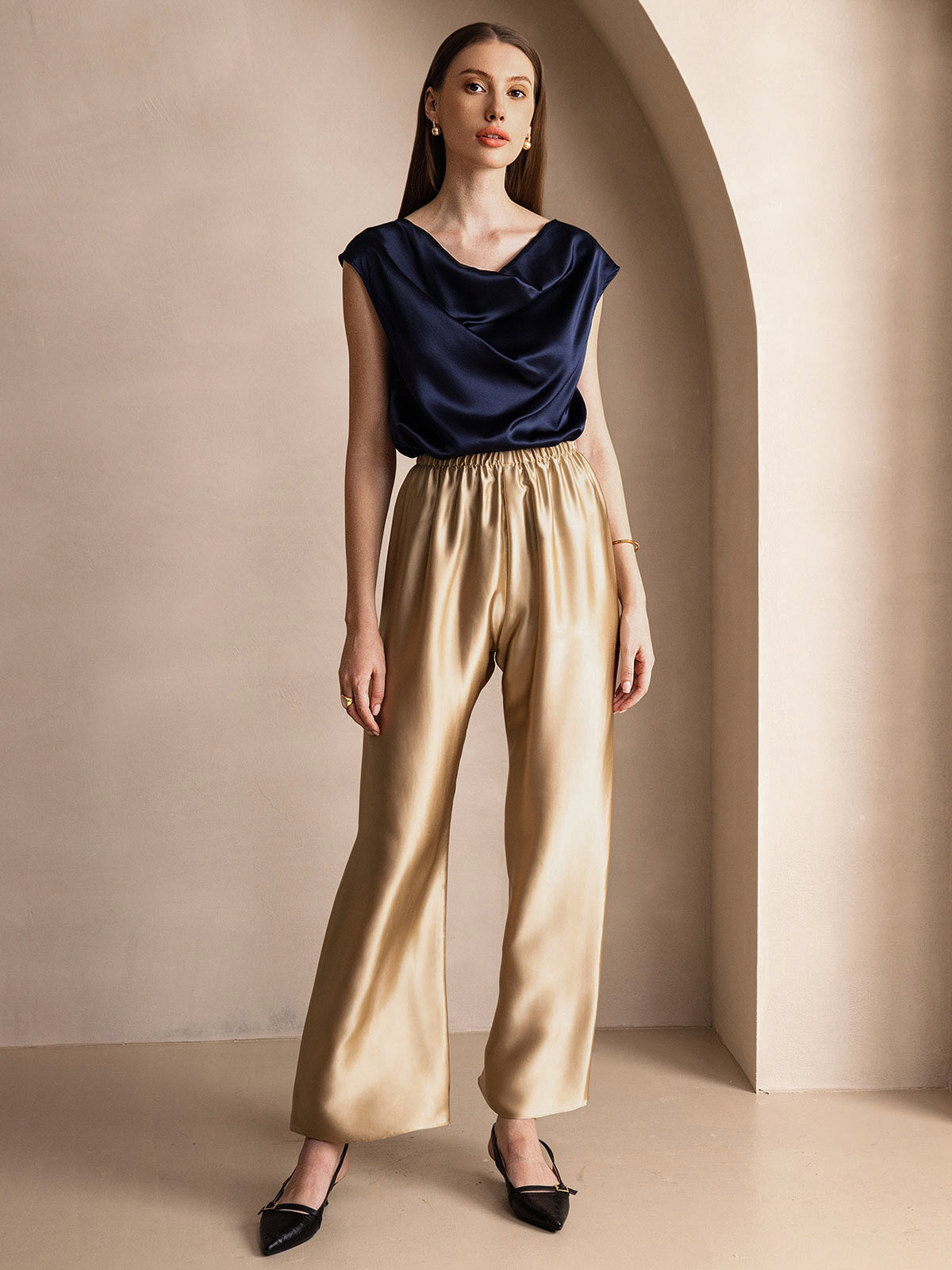 [Dark Blue] SilkSilky-AU 19Momme Silk Sleeveless Cowl Neck Women's T-Shirt 006