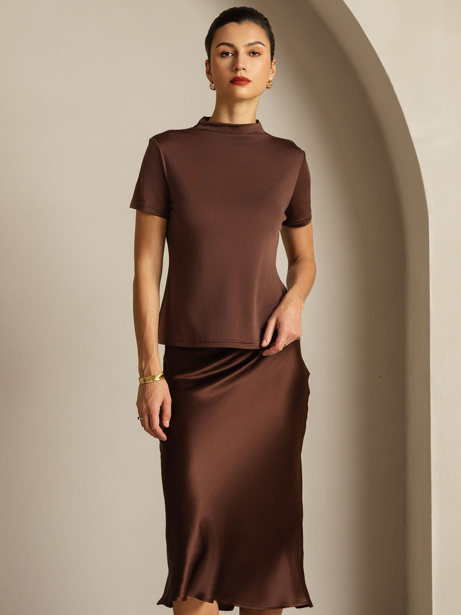 [Coffee] SilkSilky-AU Pure Silk Collar Women's T-Shirt 009
