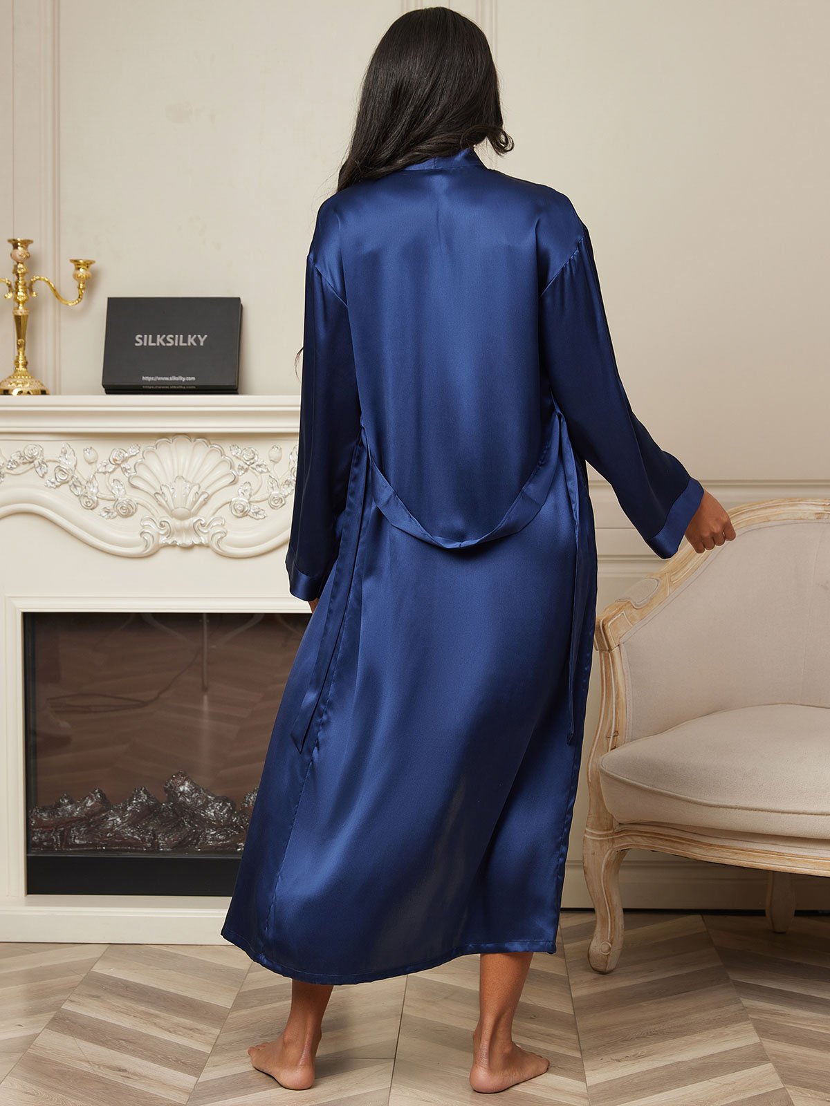 SilkSilky-AU Pure Silk Long Sleeve Womens Robe DarkBlue 002