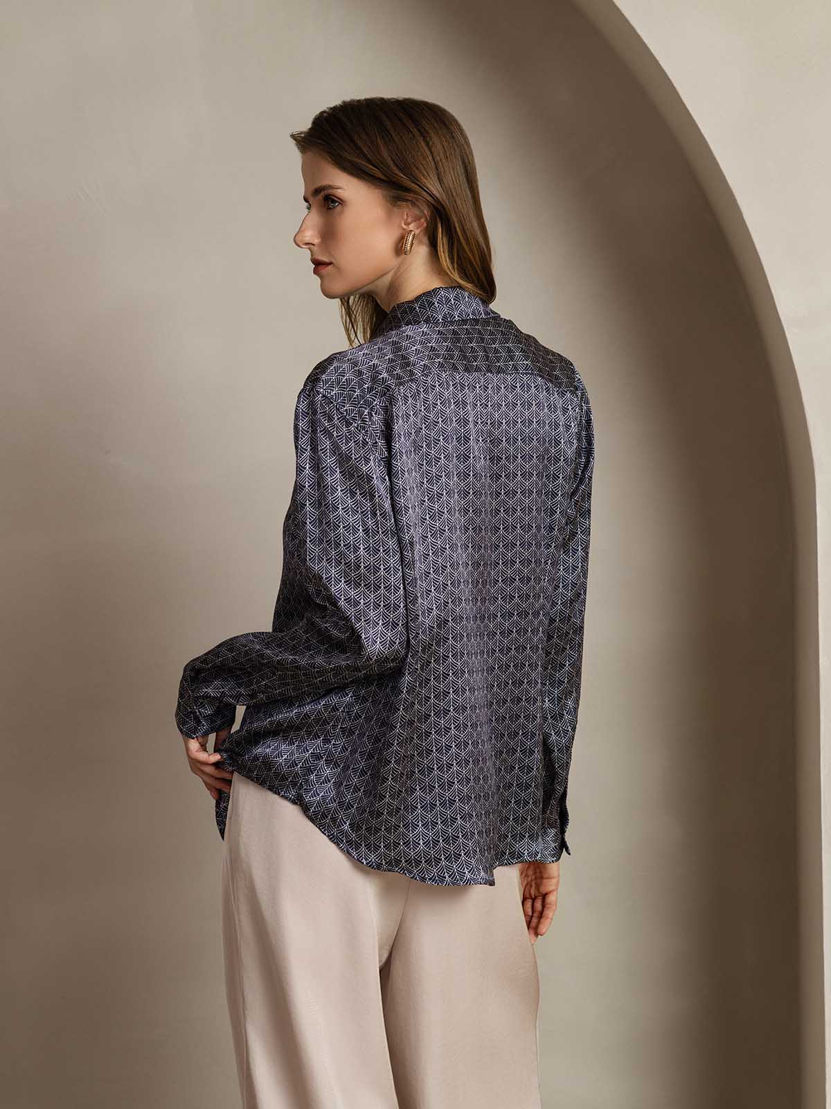 [Navy Ginkgo] SilkSilky-AU Silk Lapel Collar Women's Shirt 002