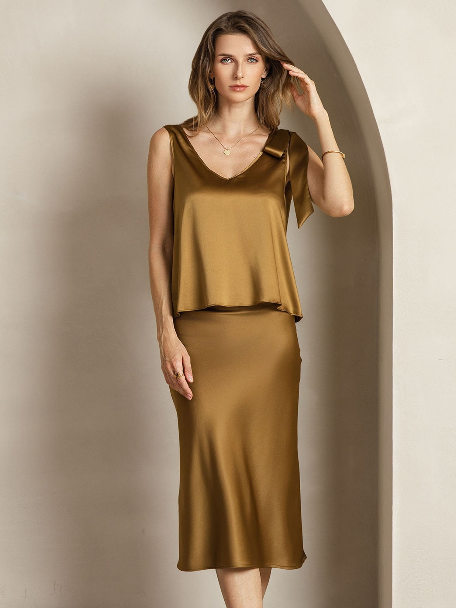 [Bronze] SilkSilky-AU 19Momme Silk V Neck Women''s Outfit Sets 004