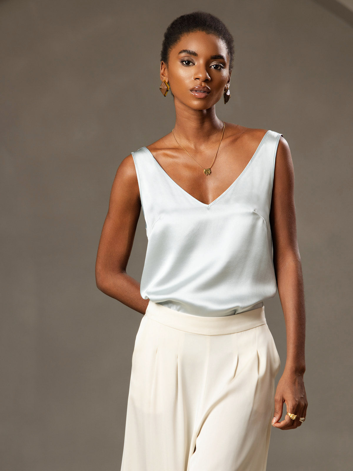 [Light Blue] SilkSilky-AU 19Momme Silk V Neck Camisole 003