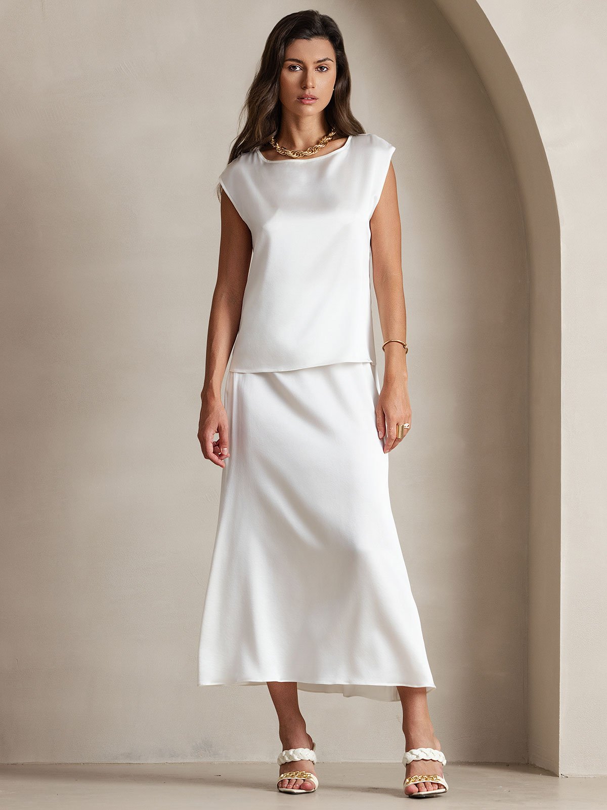 [White] SilkSilky-AU 19Momme Silk Round Neck Women's T-Shirt 001