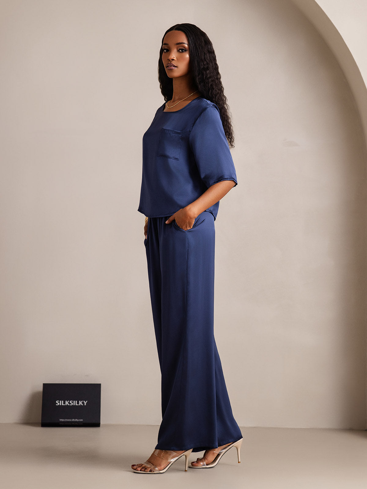 [Dark Blue] SilkSilky-AU Pure Silk Round Neck Women's Pyjamas 004