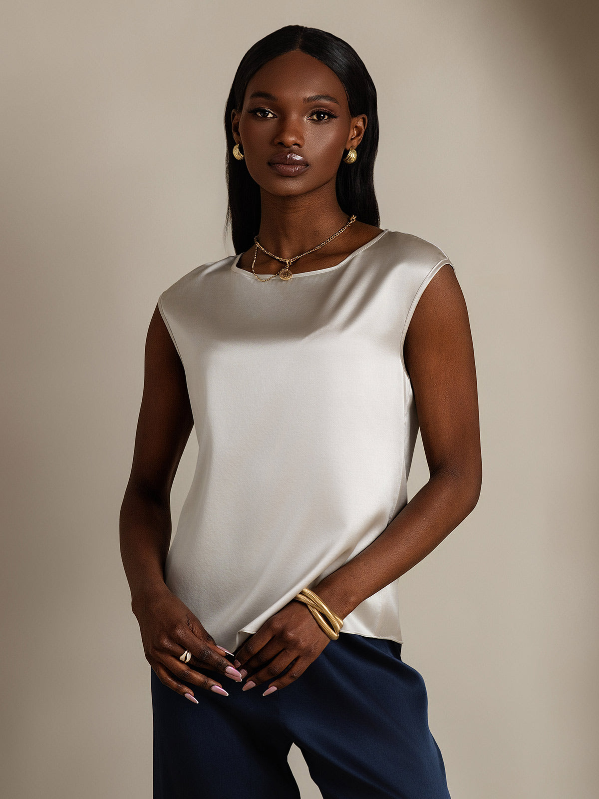 [Light Gray] SilkSilky-AU 19Momme Stretch Silk Charmeuse Cap Sleeve Round Neck Women's T-Shirt 003