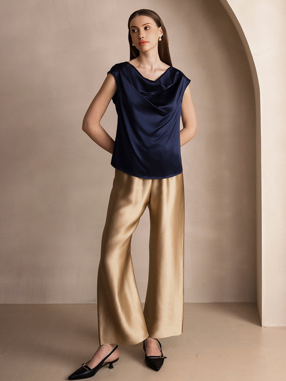 [Dark Blue] SilkSilky-AU 19Momme Silk Sleeveless Cowl Neck Women's T-Shirt 008