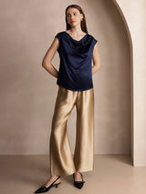 [Dark Blue] SilkSilky-AU Cap Sleeve Cowl Neck Women's T-Shirt 008