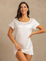 [White] SilkSilky-AU 19Momme Machine-Washable Silk Short Sleeve Round Neck Nightgown 007