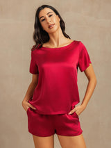 [Wine] SilkSilky-AU 19Momme Machine-Washable Silk Short Sleeve Round Neck Women's Pyjamas 001