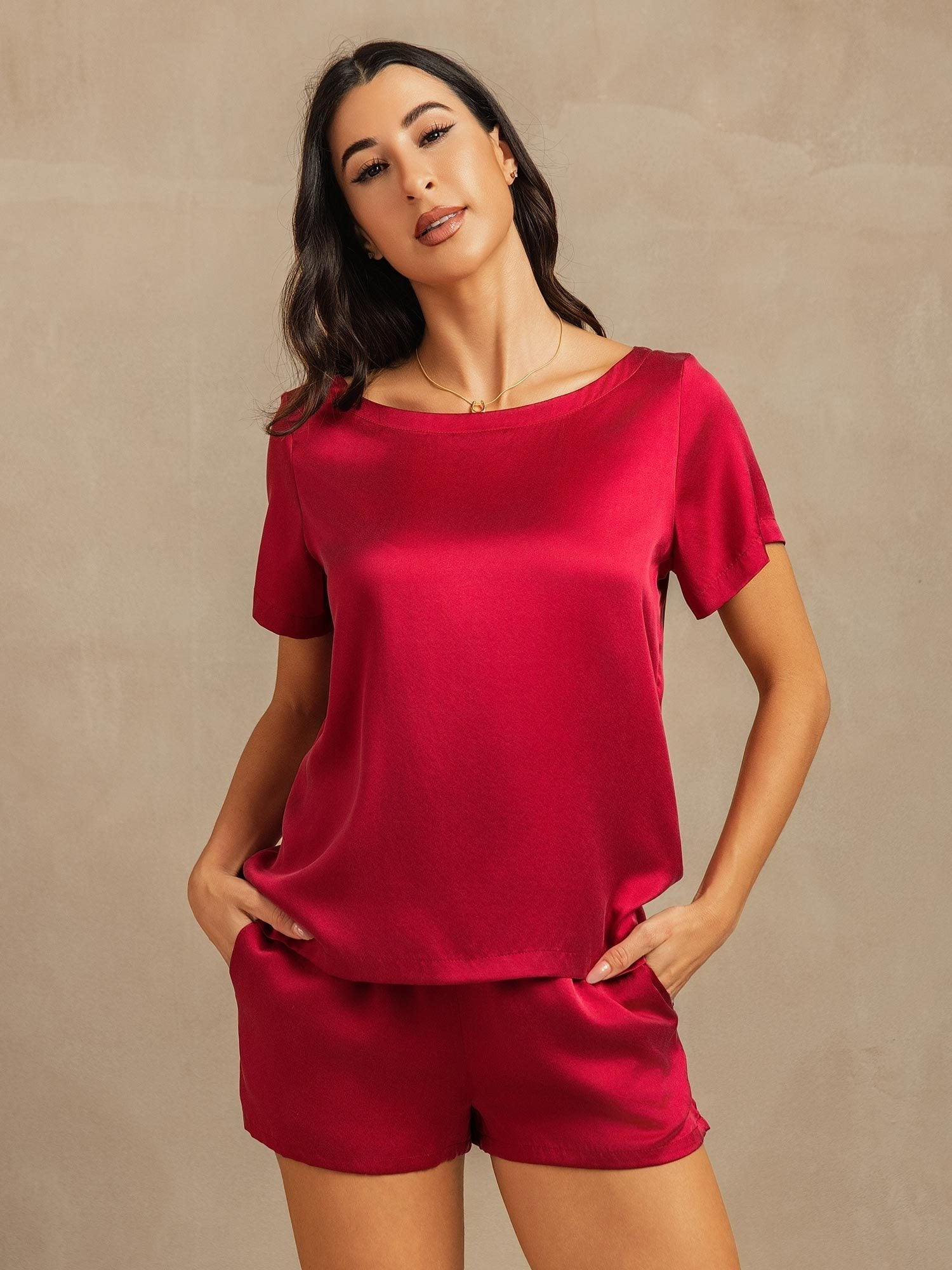 [Wine] SilkSilky-AU 19Momme Silk Round Neck Women's Pyjamas 001,