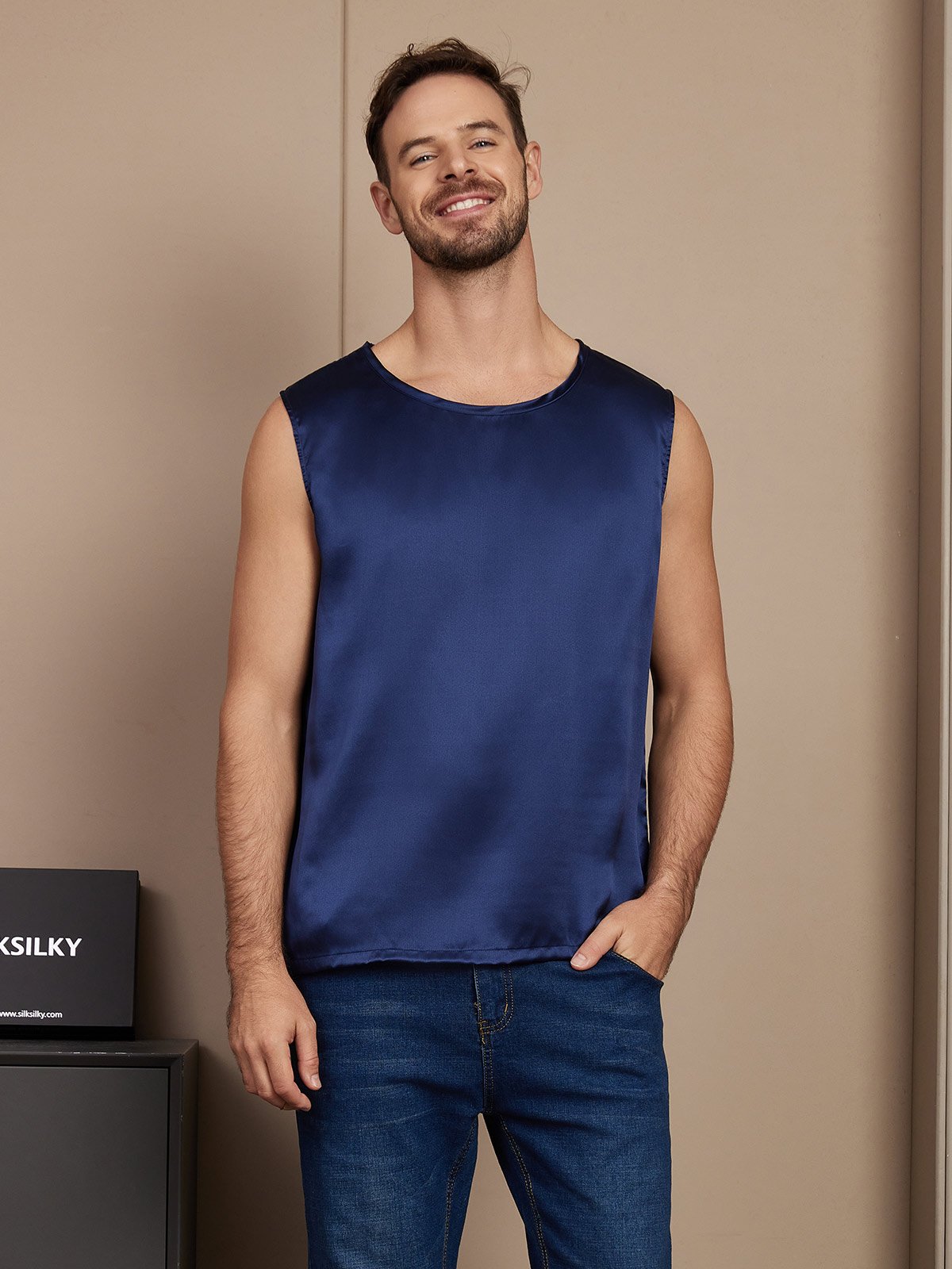 SilkSilky AU Pure Silk Sleeveless Mens T Shirt DarkBlue 001