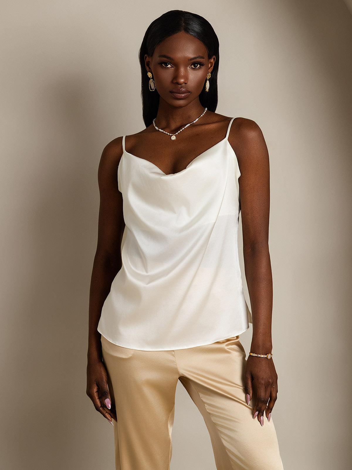 [White] SilkSilky-AU 19Momme Silk Cowl Neck Camisole 001