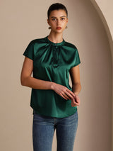 [Dark Green] SilkSilky-AU Short Sleeve Split Women's Blouse 003