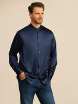 [Dark Blue] SilkSilky-AU Long Sleeve Stand Collar Men''s Shirt 006