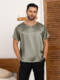 SilkSilky AU Pure Silk Short Sleeve V Neck Men's T Shirt GrayishGreen 001