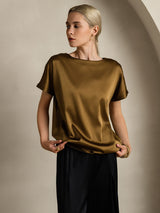 [Brown] SilkSilky-AU 19Momme Stretch Silk Charmeuse Short Sleeve Boat Neck Women's T-Shirt 004