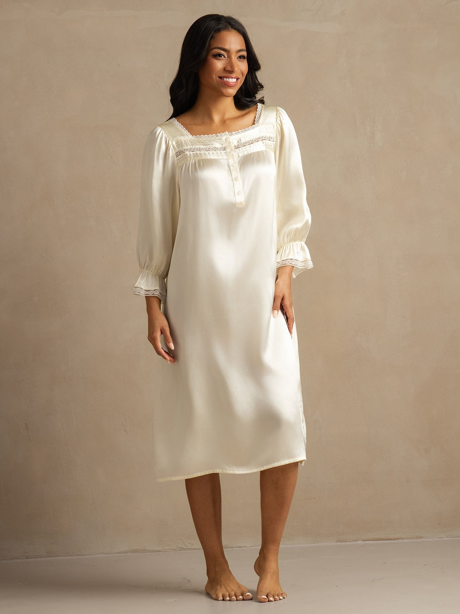 [White] SilkSilky-AU Pure Silk Square Neck Nightgown 003