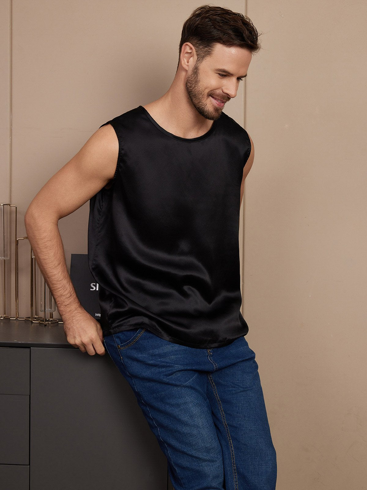 SilkSilky AU Pure Silk Sleeveless Mens T Shirt Black 005