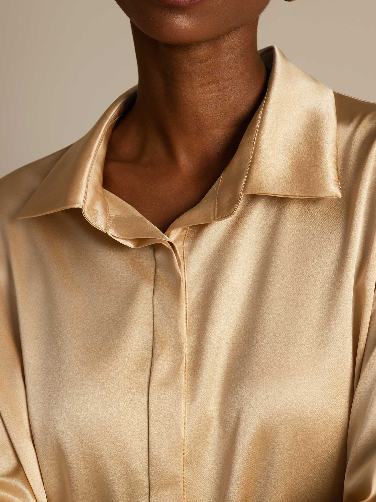 [Champagne] SilkSilky-AU 19Momme Silk Lapel Collar Women's Shirt 006