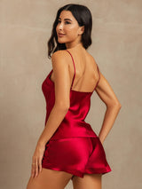 [Wine] SilkSilky-AU Spaghetti Strap V Neck Camisole Set 002