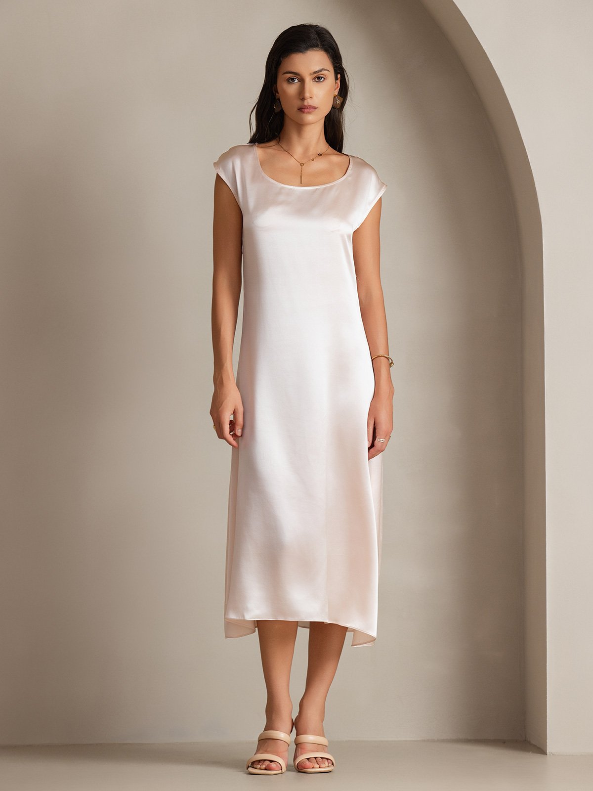 [Pink] SilkSilky-AU 19Momme Silk Sleeveless Round Neck Dress 004