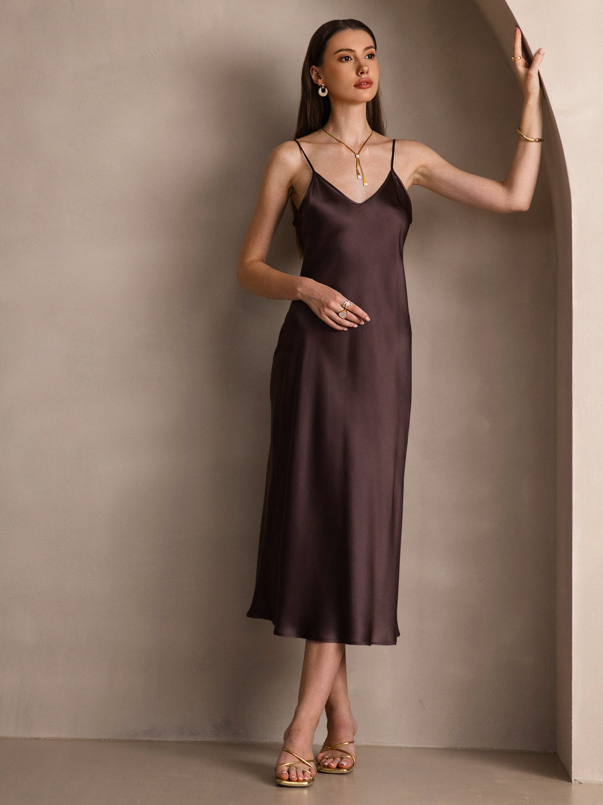 SilkSilky-AU Pure Silk Sleeveless Round Neck Dress Coffee 006