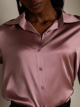 [Pale Mauve] SilkSilky-AU 19Momme Stretch Silk Charmeuse 3/4 Sleeve Lapel Collar Women's Shirt 008