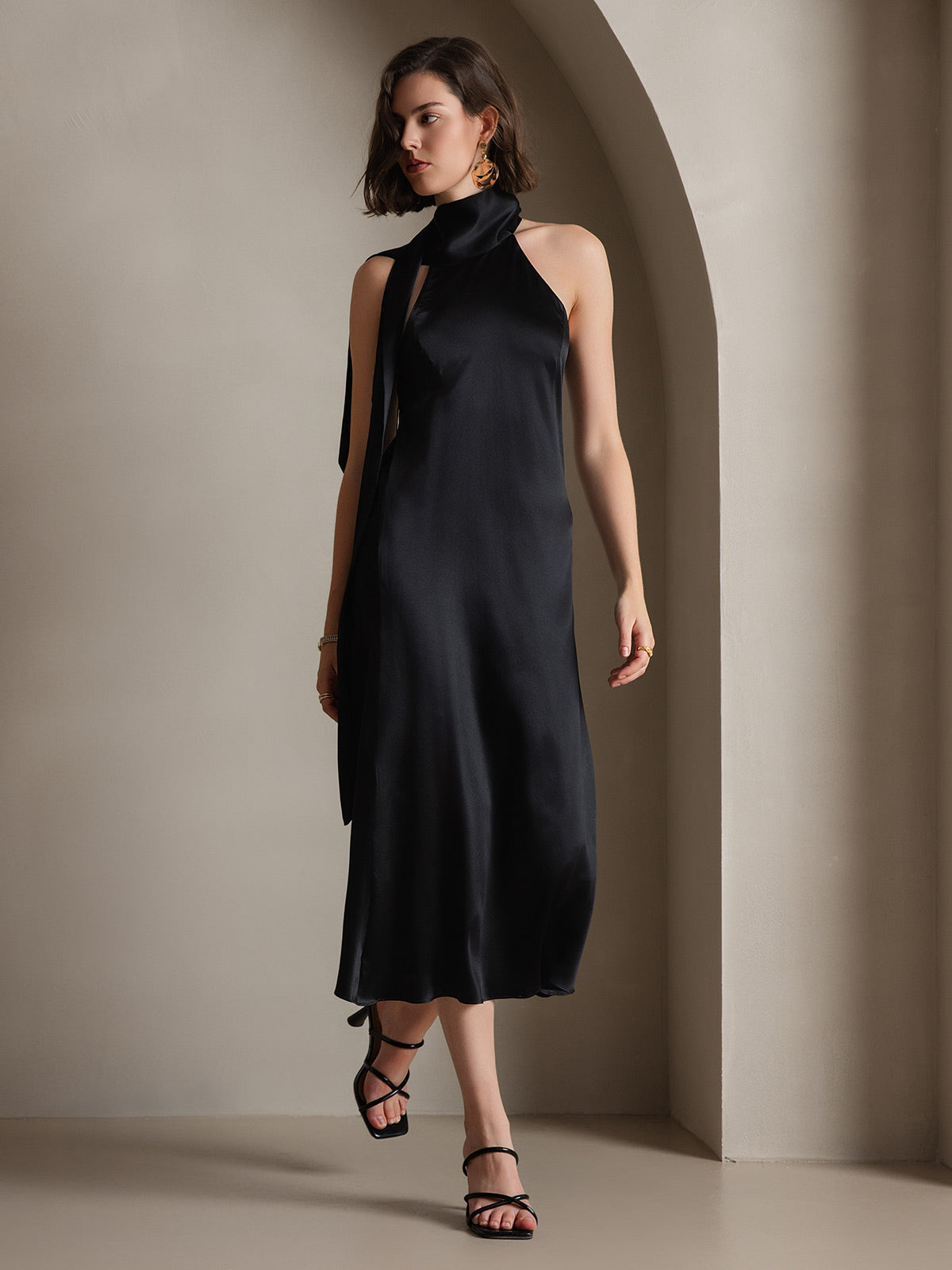 [Black] SilkSilky-AU 19Momme Silk Sleeveless Tie Neck Dress 007