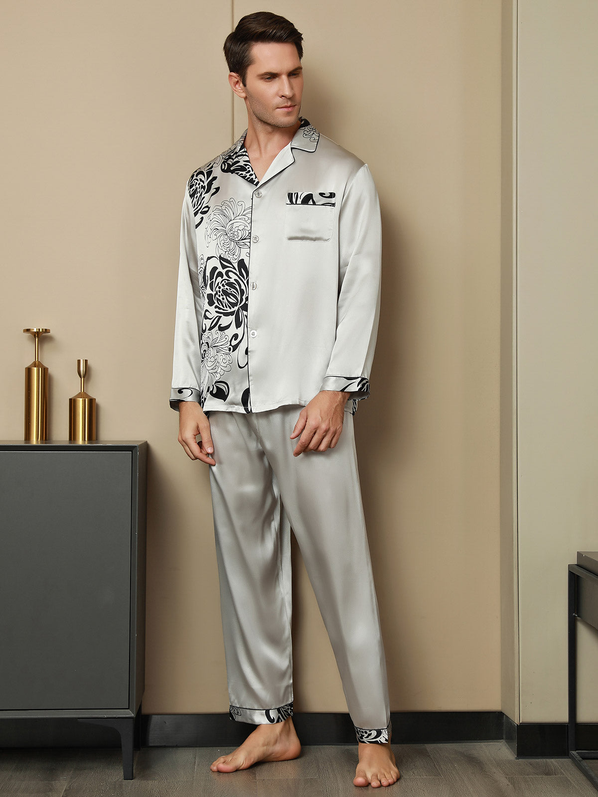 [Gray] SilkSilky-AU Pure Silk Mens Pajamas 003,