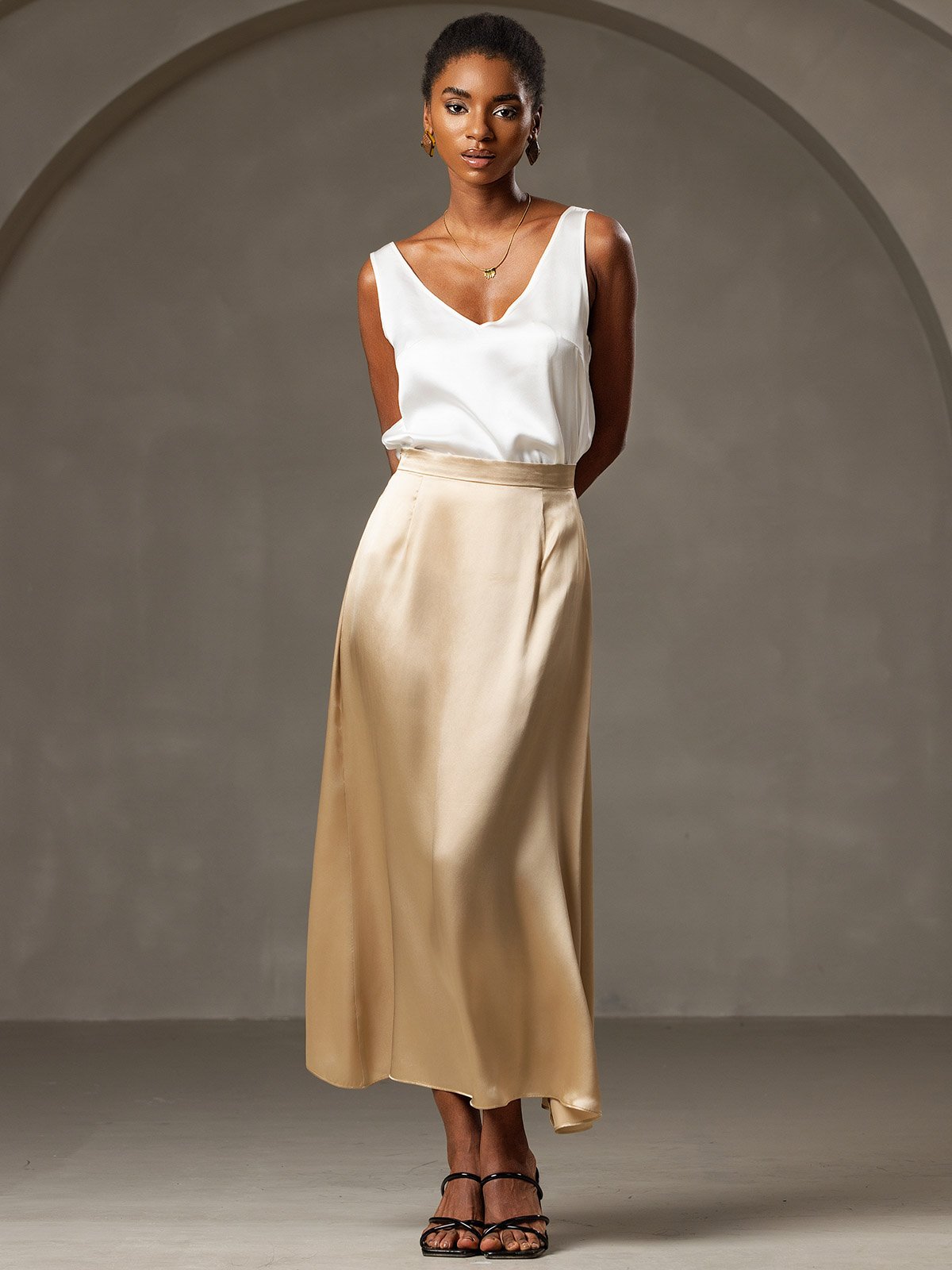 [Champagne] SilkSilky-AU 19Momme Stretch Silk Charmeuse Skirt 001