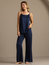 [Dark Blue] SilkSilky-AU 19Momme Machine-Washable Silk Spaghetti Strap Scoop Neck Camisole Set 006