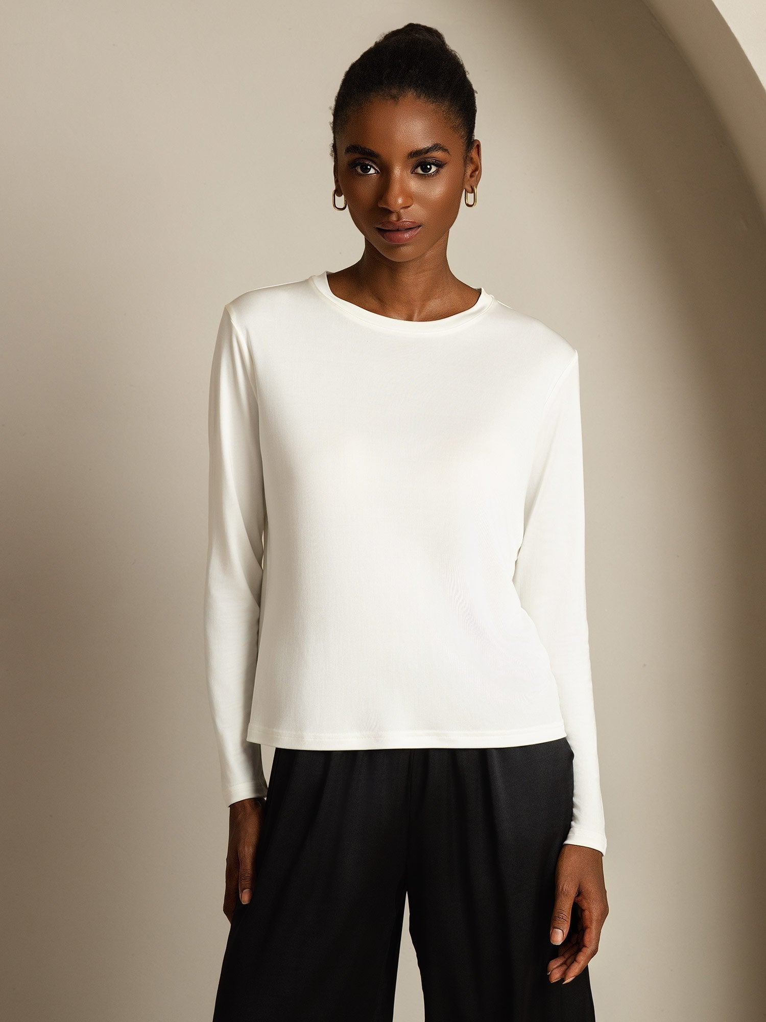 [White] SilkSilky-AU Pure Silk Womens T-Shirt 003,