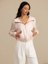 [Pink] SilkSilky-AU 18Momme Silk Satin Surah Long Sleeve Stand Collar Women's Outerwear 003