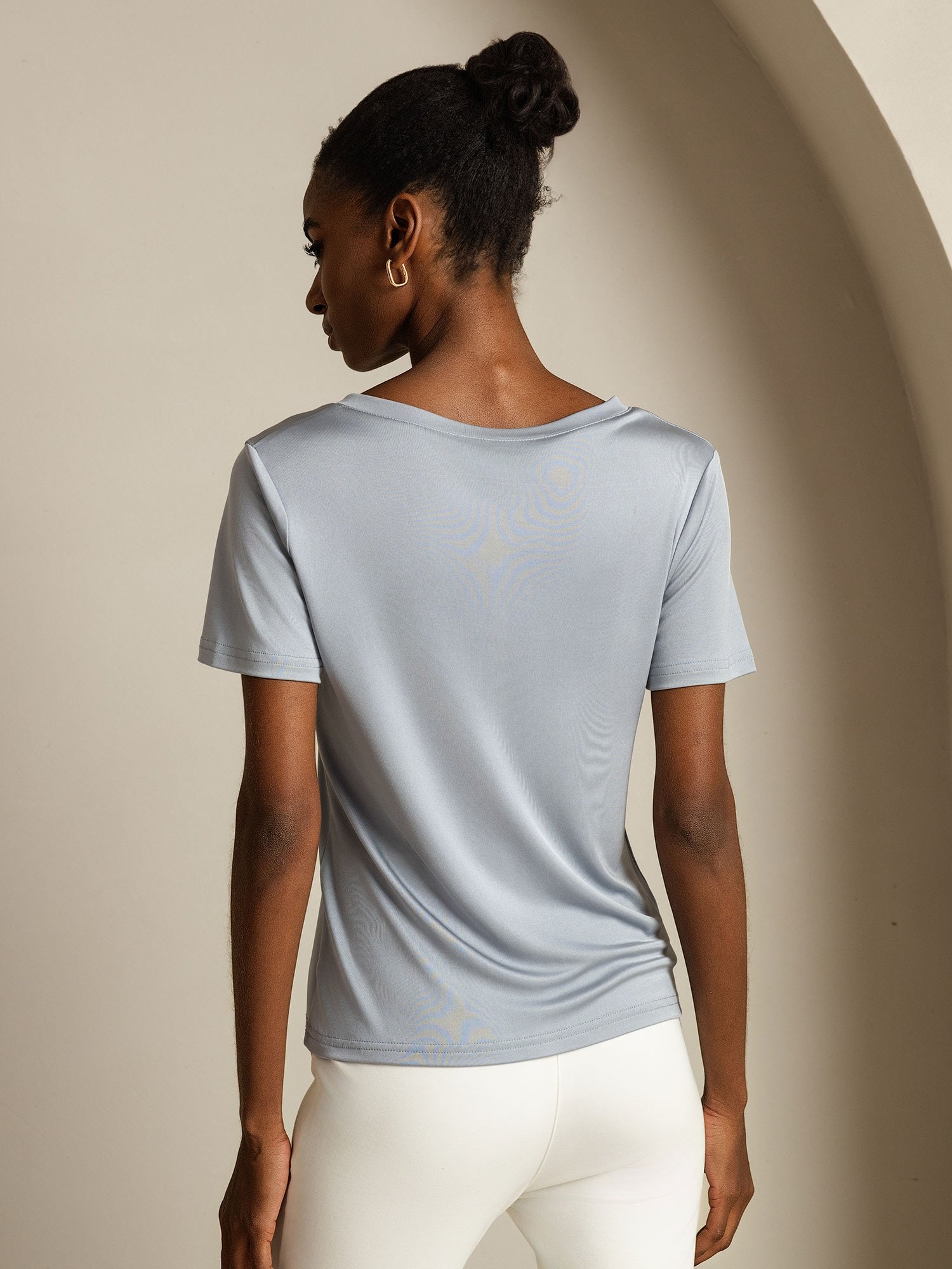 [LightGray] SilkSilky-AU Pure Silk V Neck Women's T-Shirt 002