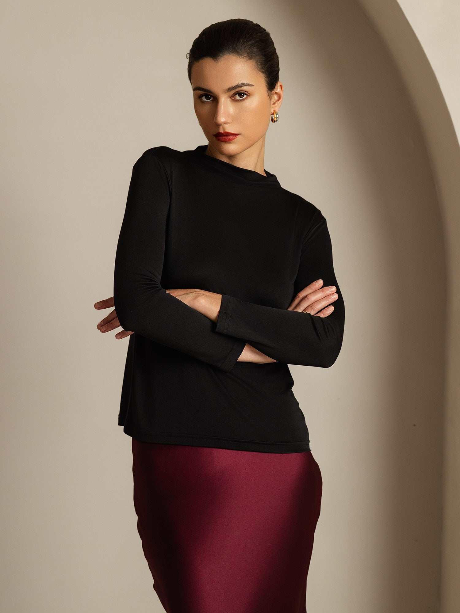 [Black] SilkSilky-AU Pure Silk High Neck Women's T-Shirt 003