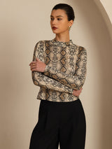 [Snakeskin] SilkSilky-AU 100% Silk Jersey Long Sleeve Mock Neck Women's T-Shirt 003