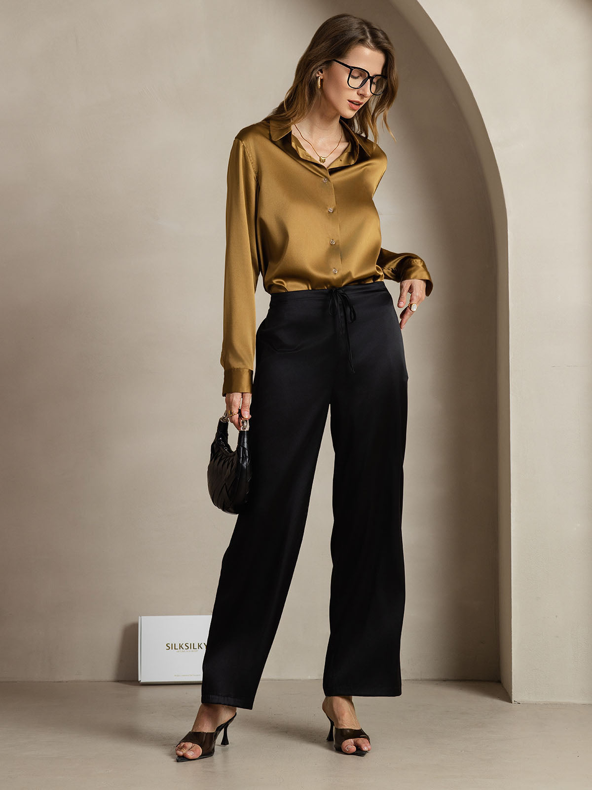 [Bronze] SilkSilky-AU Silk Long Sleeve Lapel Collar Women's Shirt 007