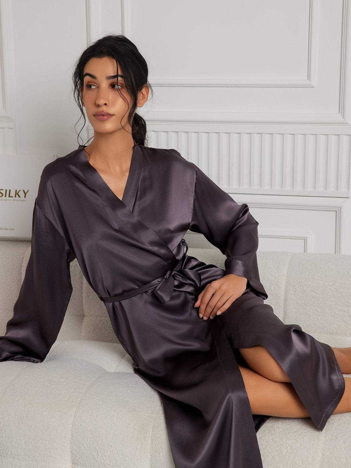 [Purple Gray] SilkSilky-AU Pure Silk Wrap Women's Dressing Gown 005