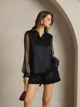 [Black] SilkSilky-AU 19Momme Silk Lapel Collar Women's Shirt 003,
