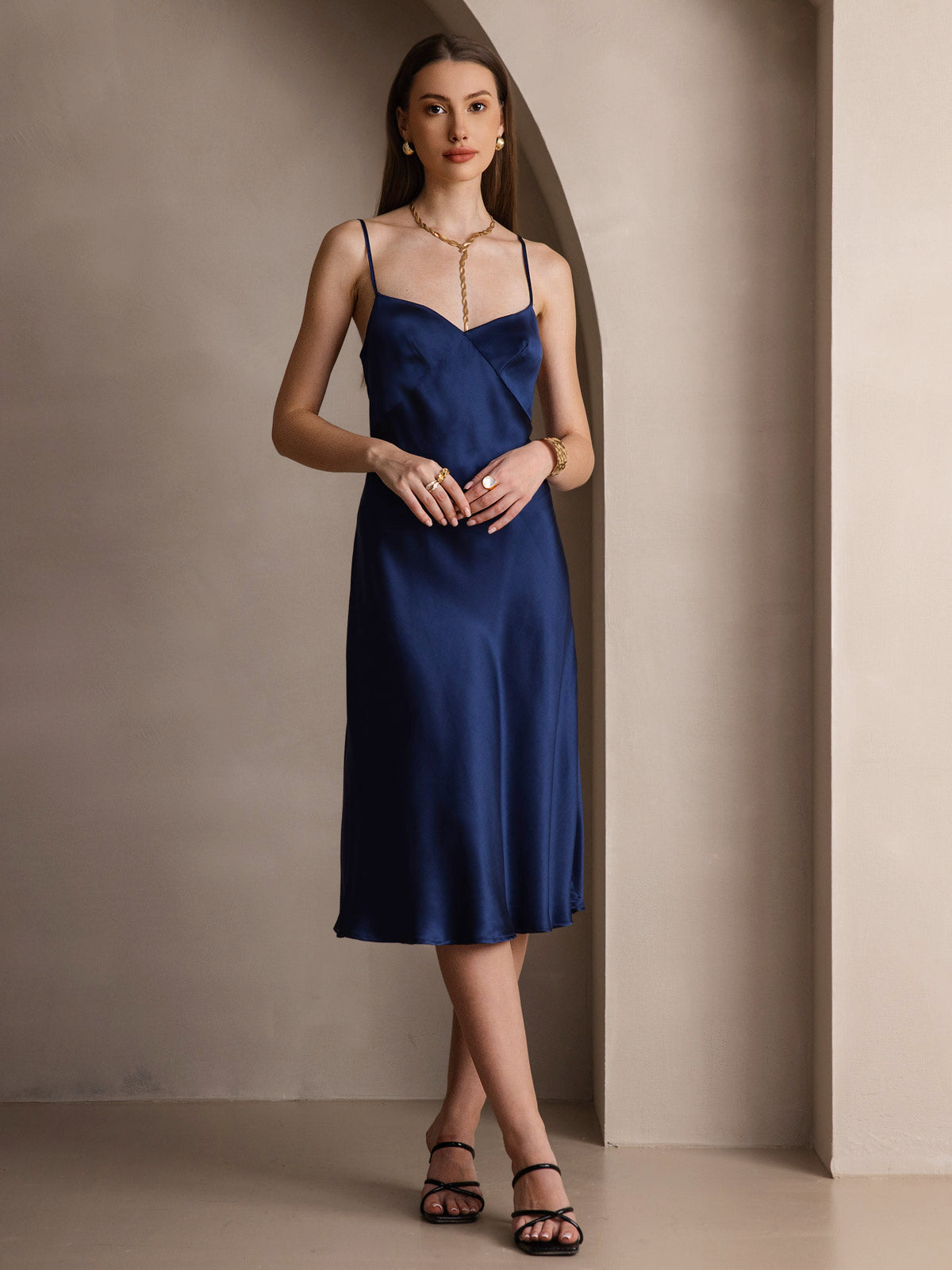 [Dark Blue] SilkSilky-AU 19Momme Pure Silk V Neck Dress 005