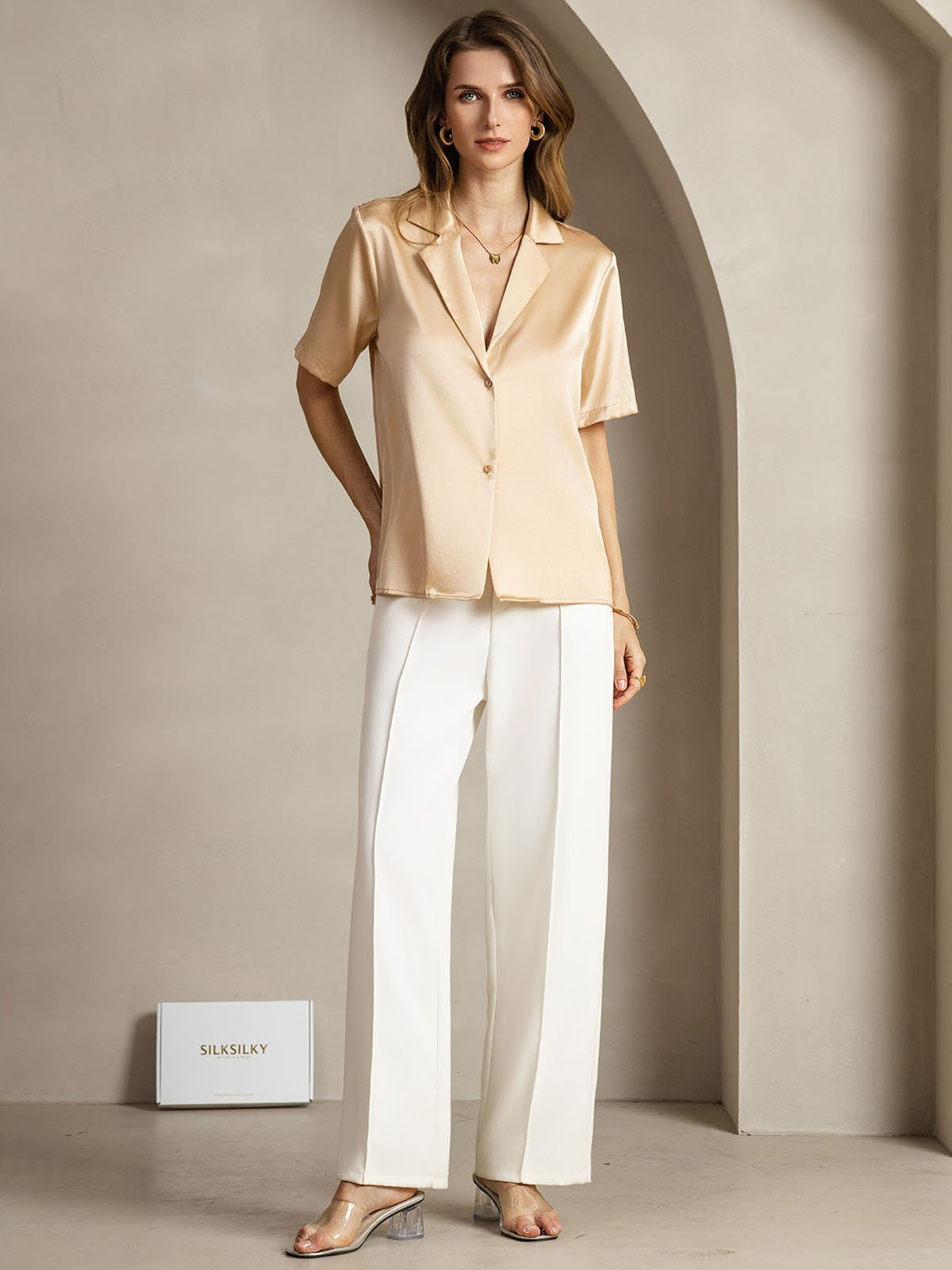 [Champagne] SilkSilky-AU 19Momme Silk Notched Neck Women's Shirt 003
