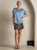 [Grayish Blue] SilkSilky-AU 19Momme Stretch Silk Charmeuse Short Sleeve Boat Neck Women's T-Shirt 006