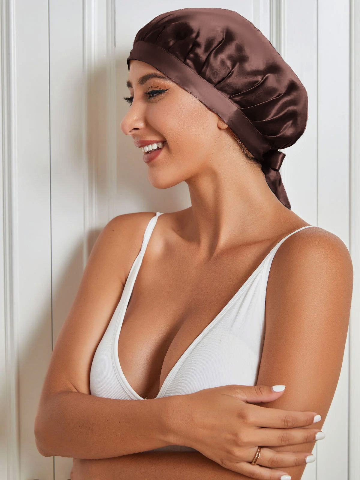 SilkSilky-AU Pure Silk Sleep Cap Coffee 001