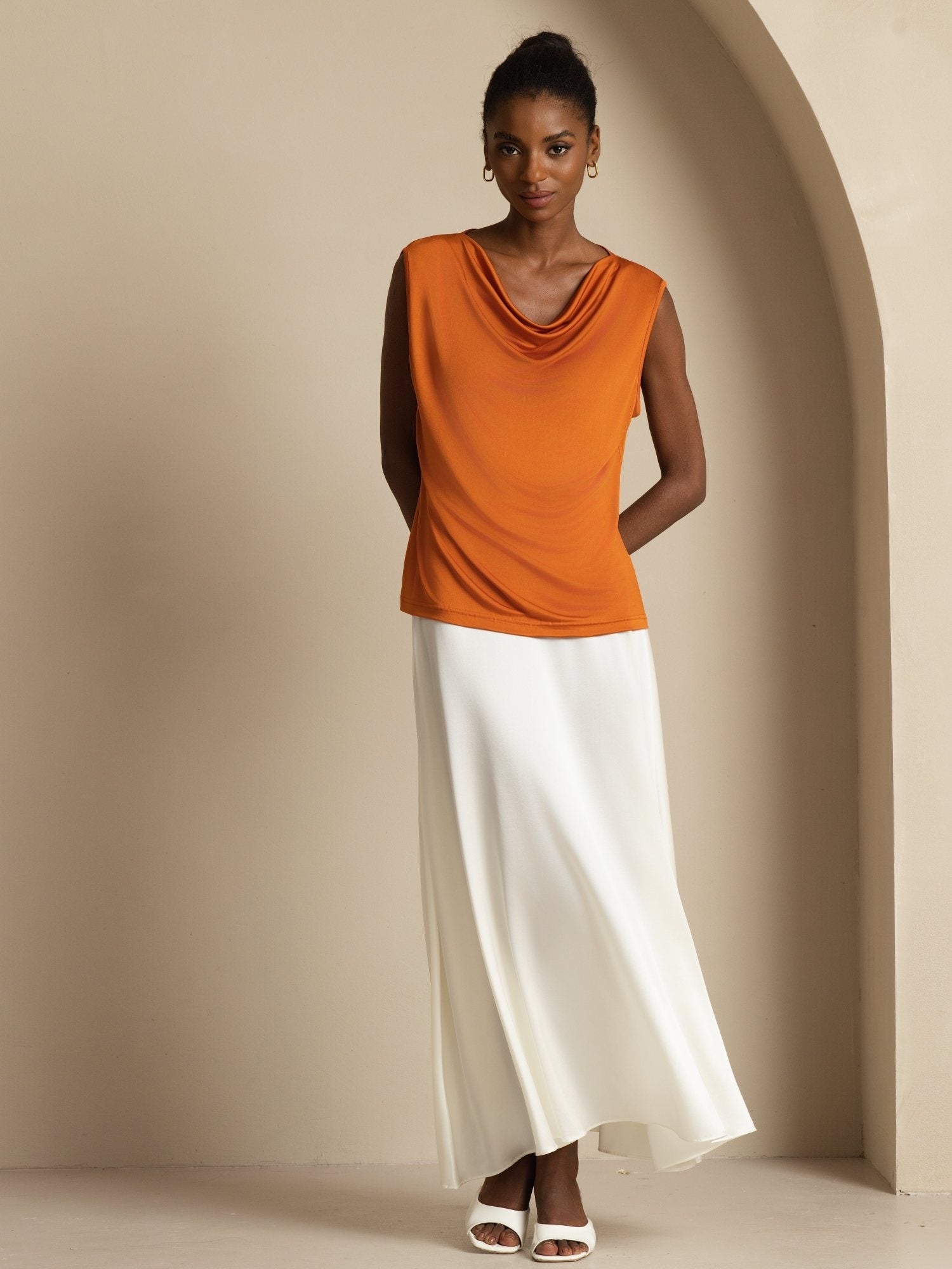 [Orange] SilkSilky-AU 100% Silk Jersey Sleeveless Cowl Neck Women's T-Shirt 005