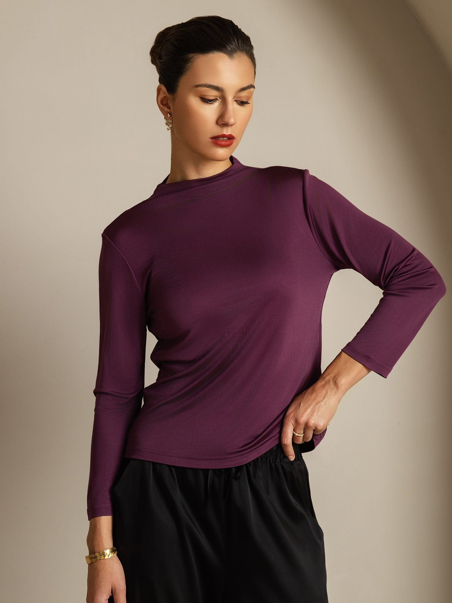 [Purple] SilkSilky-AU Pure Silk High Neck Women's T-Shirt 003
