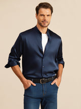 [Dark Blue] SilkSilky-AU Long Sleeve Stand Collar Men''s Shirt 001