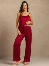 [Wine] SilkSilky-AU 19Momme Machine-Washable Silk Spaghetti Strap Scoop Neck Camisole Set 005