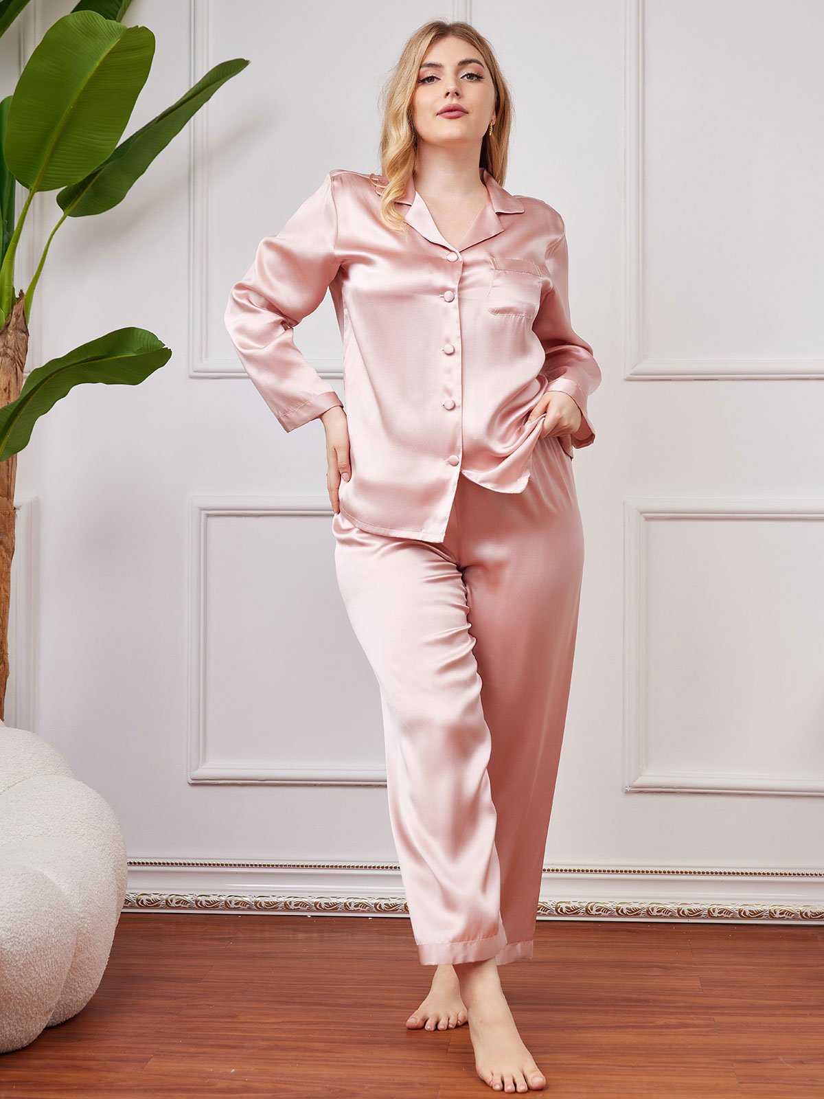 SilkSilky AU Pure Silk Long Sleeve Lapel Plus Size Pyjamas Pink 004