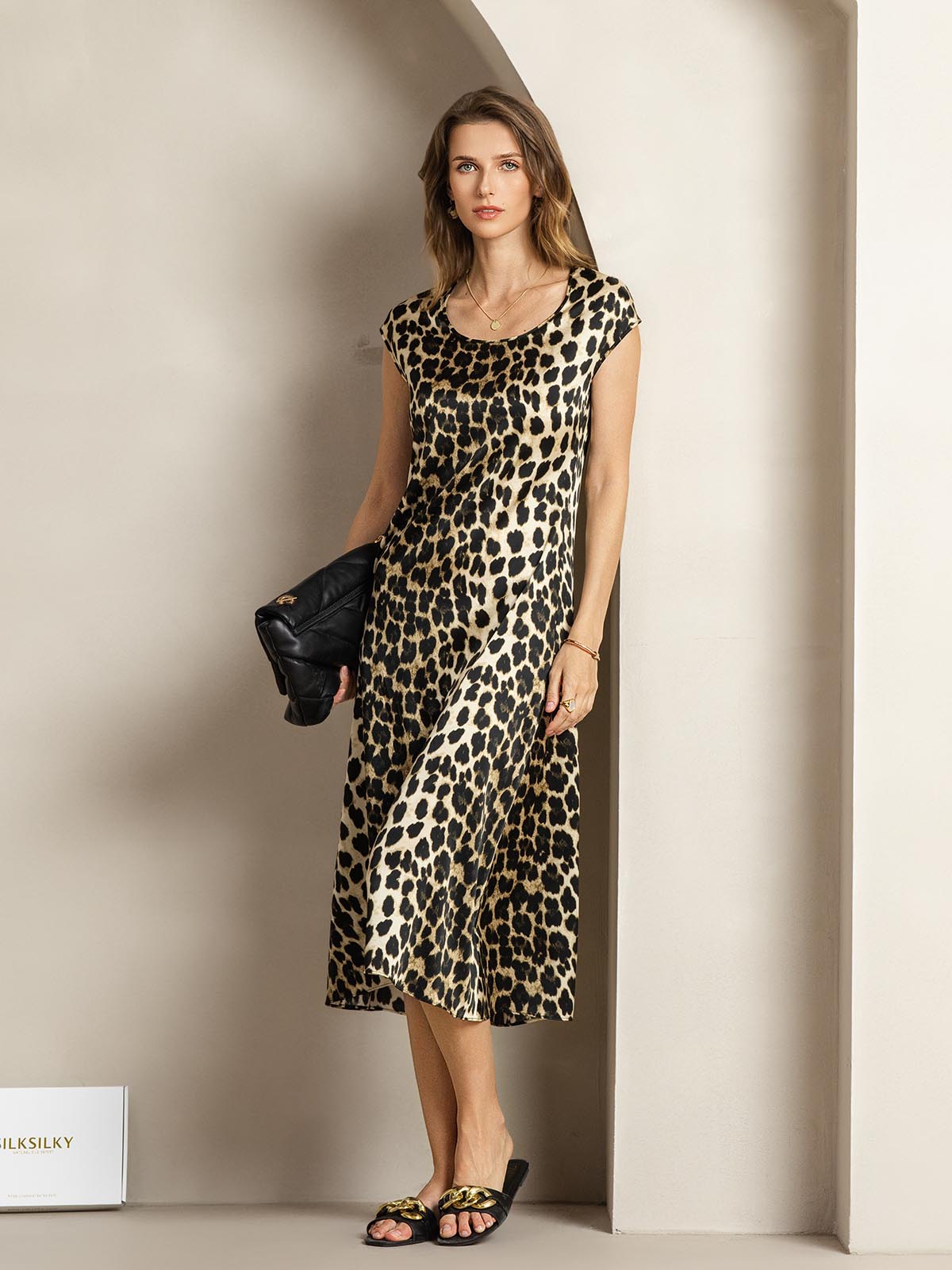 [Leopard] SilkSilky-AU 19Momme Silk Round Neck Dress 005